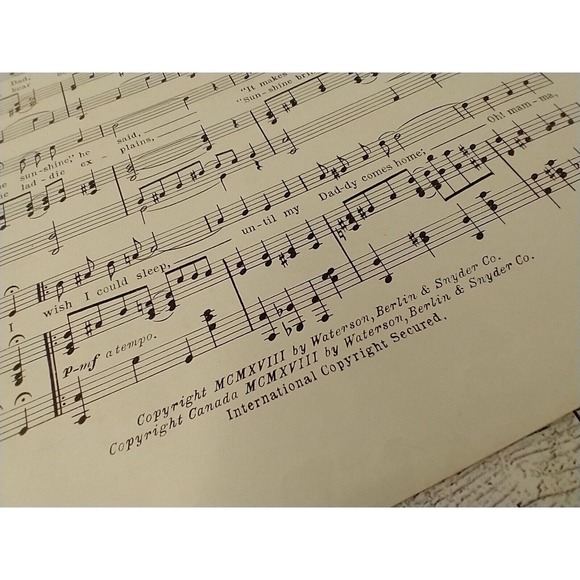 1918 Oh How I Wish I Could Sleep Sheet Music WWI Al Jolson Antique‎ Decor - Picture 3 of 4